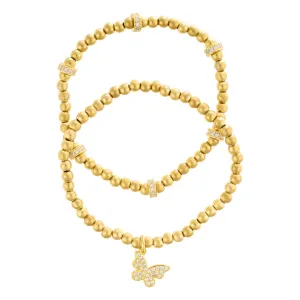 14k Gold Plated Pair of Bead Bracelets with Crystal Butterfly