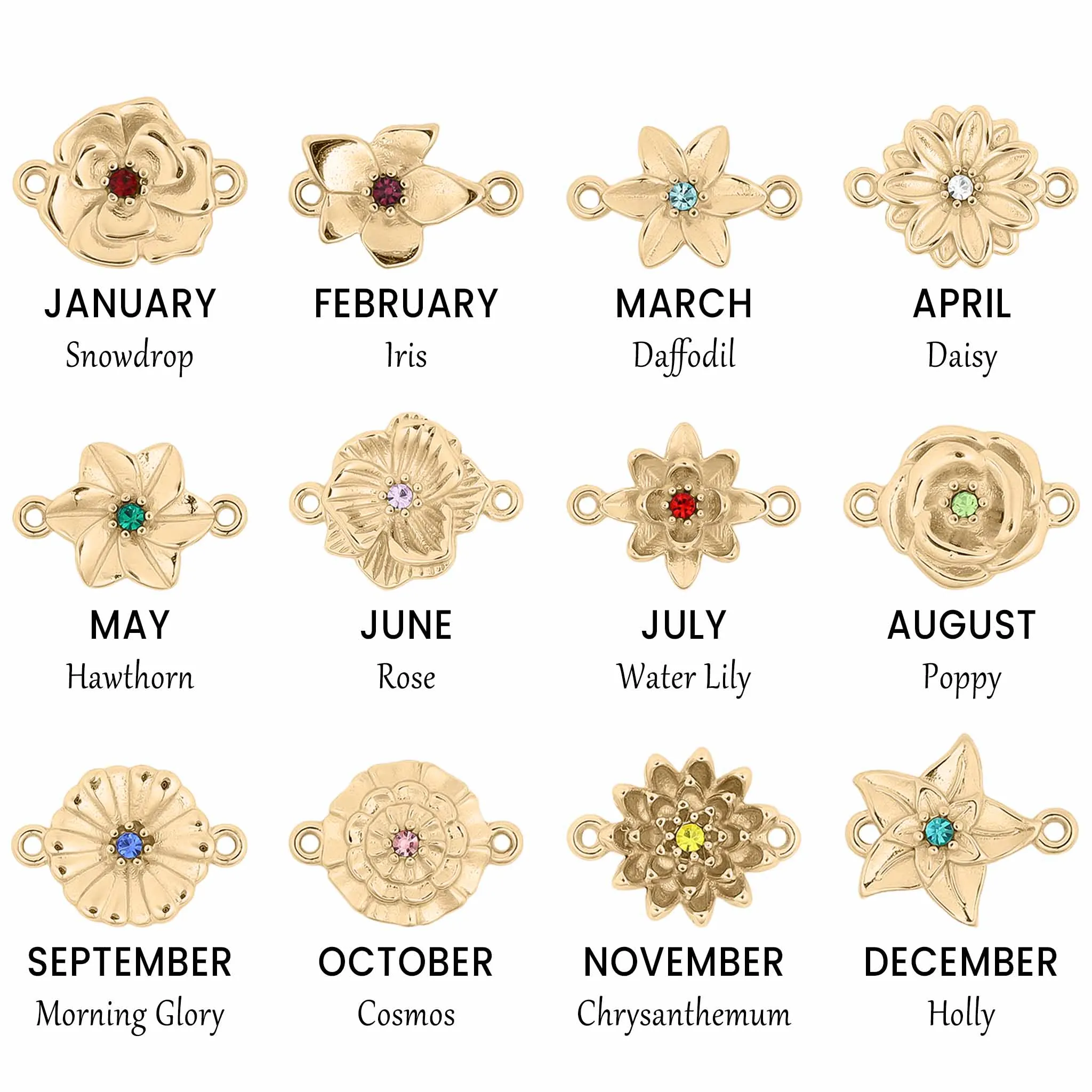 18K Gold PVD Stainless Steel 3D Birth Flower Connector Charms / SBB0356