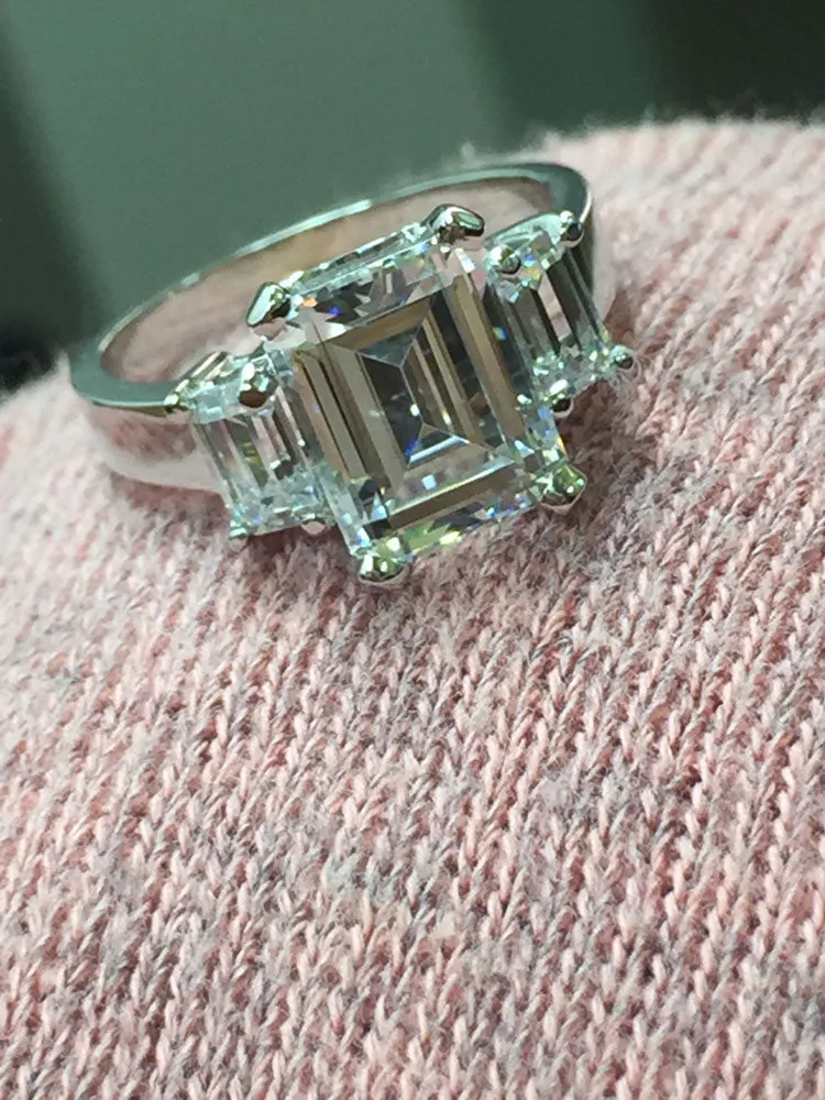 4 Carat Emerald Cut High Quality Cubic Zirconia 3 Stone Ring 14 White Gold