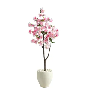 4.5' Artificial Cherry Blossom Tree in White Planter - Low Maintenance, Life-Like & Vibrant Silk Trees For Busy People.