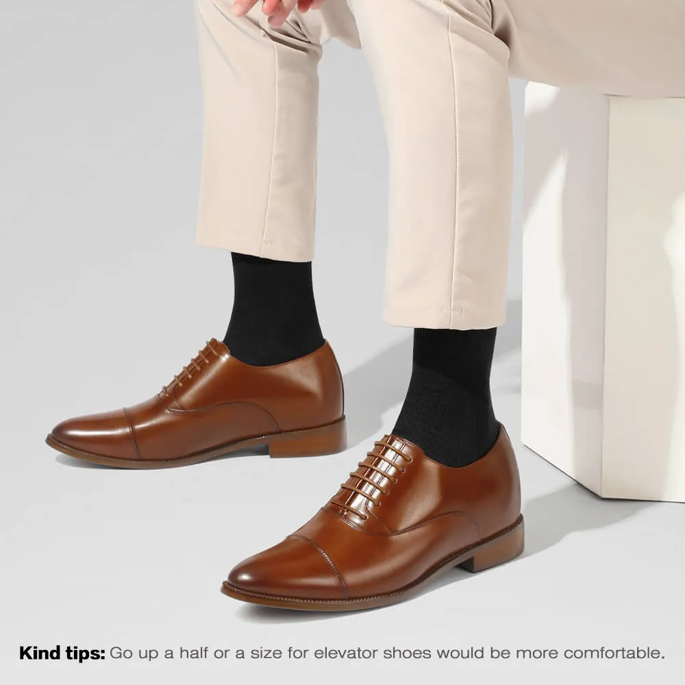 8 CM/3.15 Inches Men's CMR CHAMARIPA Brown Cowhide Leather Elevator Dress Shoes - Height-Increasing Oxford Style
