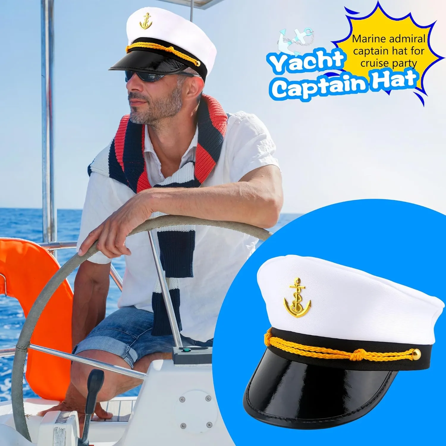 8 Pieces Captain Hats Adjustable White Sailors Navy Marine Admiral Caps for Yacht Theme Party Costume Accessory