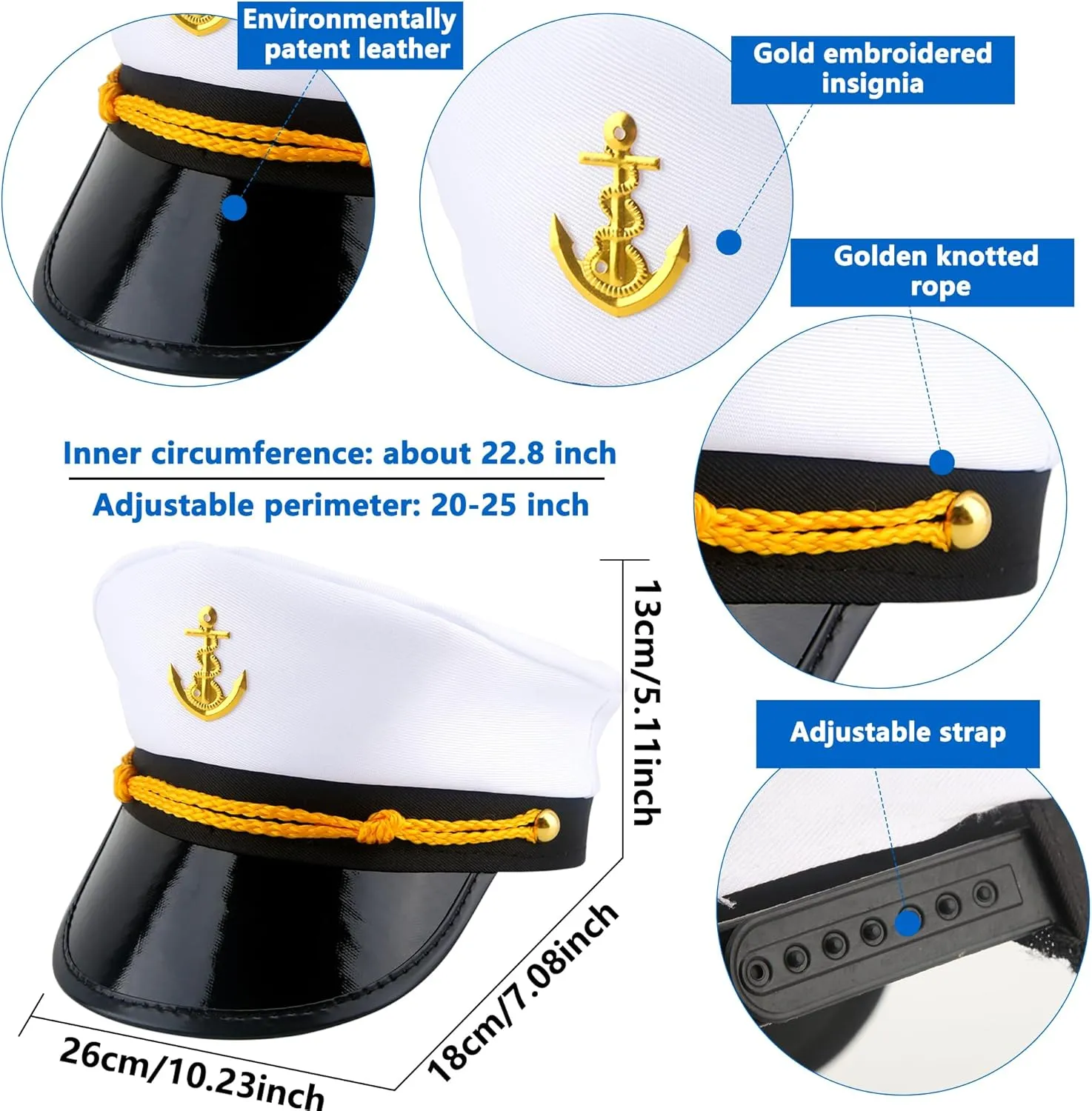 8 Pieces Captain Hats Adjustable White Sailors Navy Marine Admiral Caps for Yacht Theme Party Costume Accessory