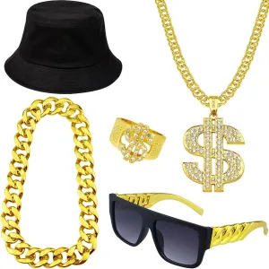 80s 90s Hip Hop Costumes Kit Rapper Accessories Outfit, Fake Gold Chain Dollar Sign Chain Ring Twist Leg Punk Sunglasses Bucket Hat for Man Women Halloween Party