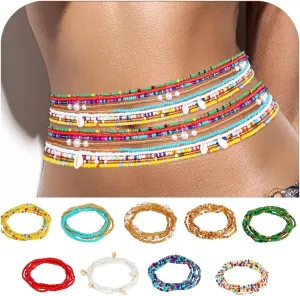 9 Pcs Body Chain for Women, Summer Layered Elastic Waist Beads for Beach Bikini, African Colorful Stretch Belly Chain, Mothers Day Jewelry Accessories Gifts for Mom