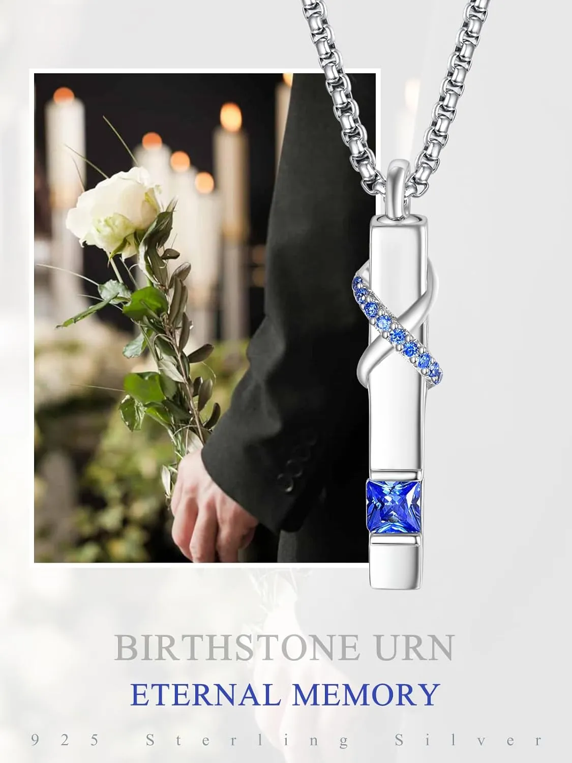 ADMETUS Birthstones Urn Necklaces for Ashes 925 Sterling Silver Infinity Cube Cremation Pendant Jewelry Ash Necklace for Human Keepsake Memorial Gifts for Men Women with 22" 2" Rolo Chain