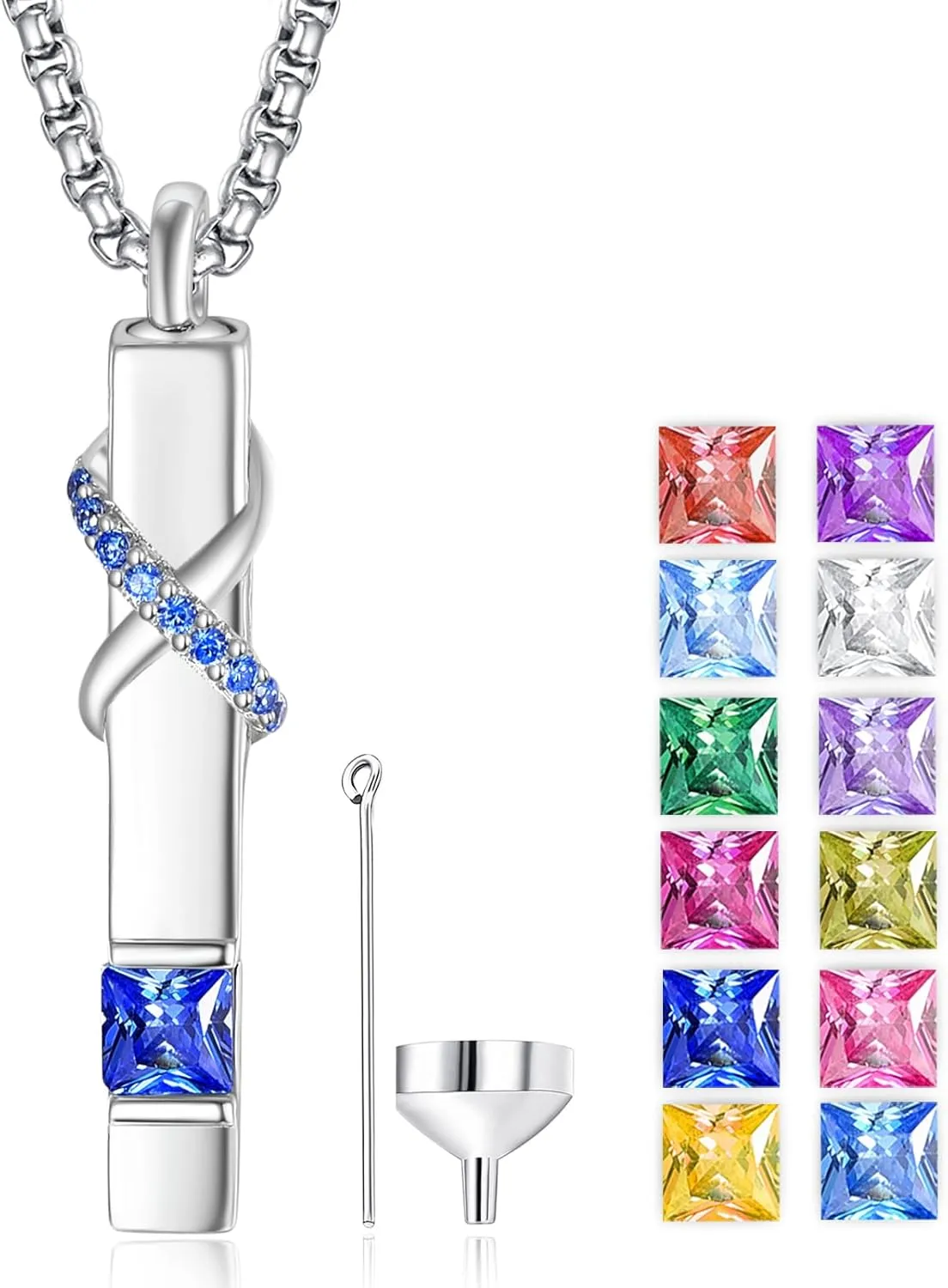 ADMETUS Birthstones Urn Necklaces for Ashes 925 Sterling Silver Infinity Cube Cremation Pendant Jewelry Ash Necklace for Human Keepsake Memorial Gifts for Men Women with 22" 2" Rolo Chain