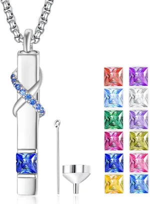 ADMETUS Birthstones Urn Necklaces for Ashes 925 Sterling Silver Infinity Cube Cremation Pendant Jewelry Ash Necklace for Human Keepsake Memorial Gifts for Men Women with 22" 2" Rolo Chain