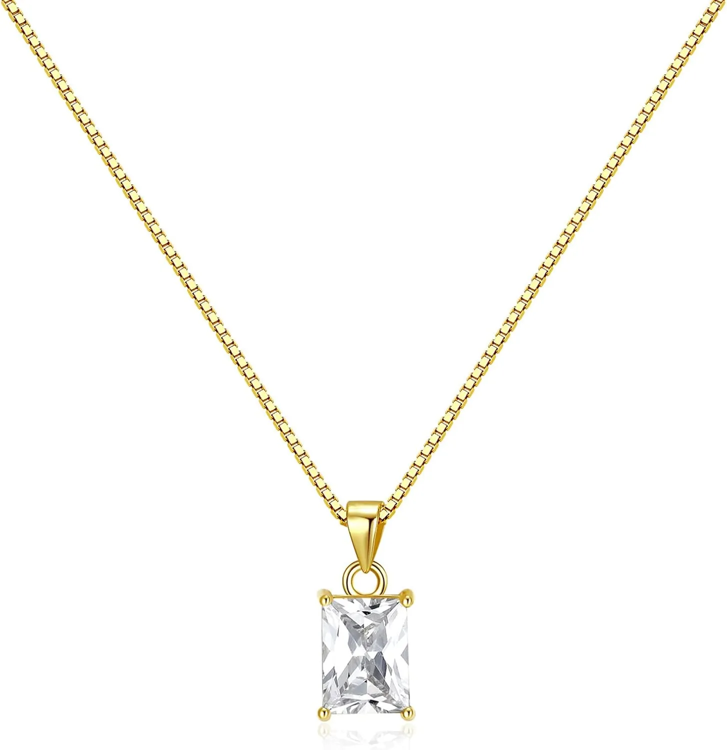 Baguette CZ Pendant Necklace | 14K Gold Plated Sterling Silver | Emerald Baguette Pendant Dainty Box Chain Necklace 18''