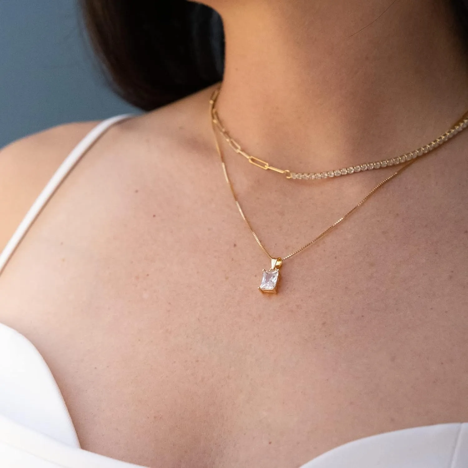Baguette CZ Pendant Necklace | 14K Gold Plated Sterling Silver | Emerald Baguette Pendant Dainty Box Chain Necklace 18''