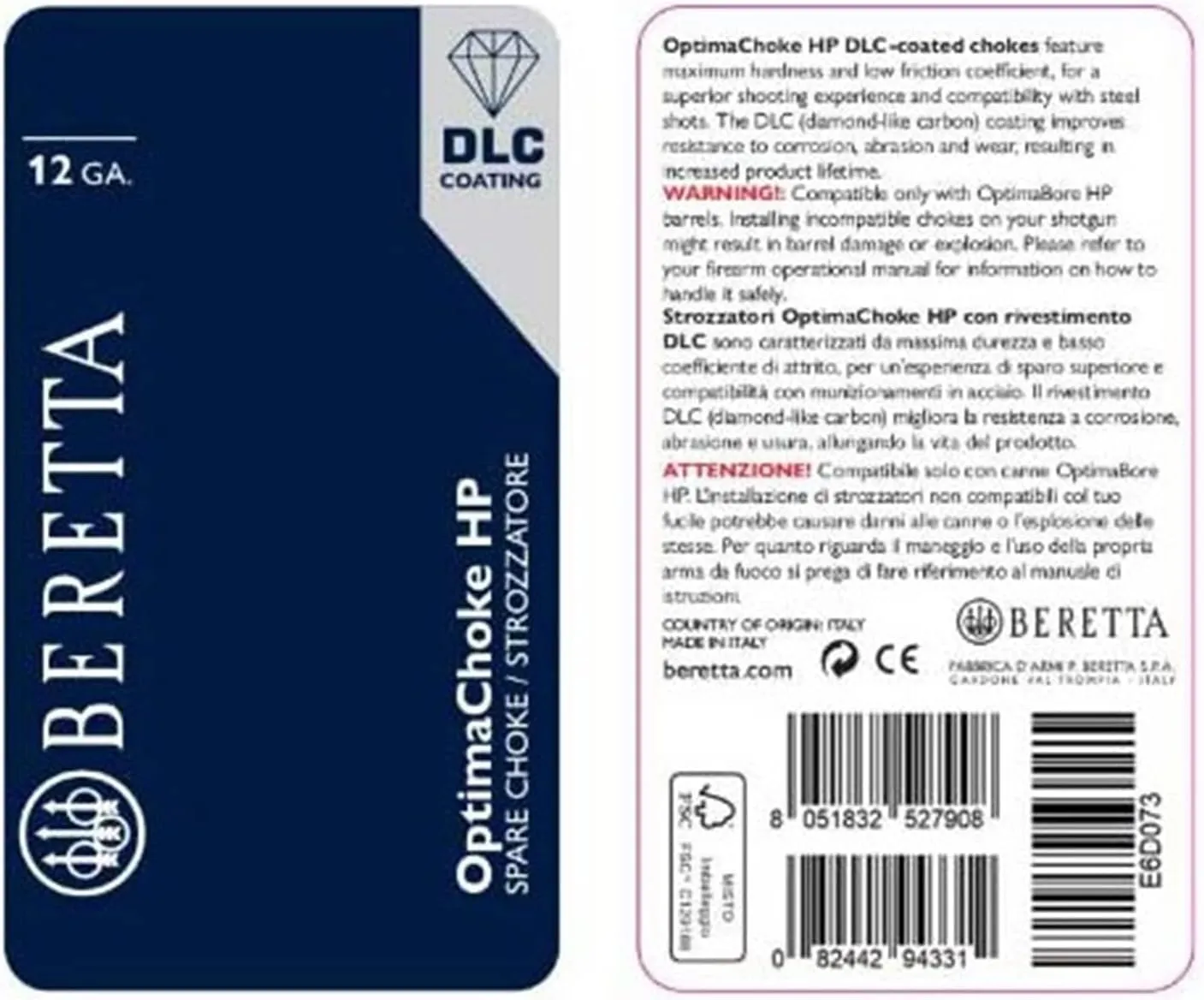 Beretta Optimachoke High Performance Extended 20mm 12Ga DLC Coating Stainless Steel Choke Tubes