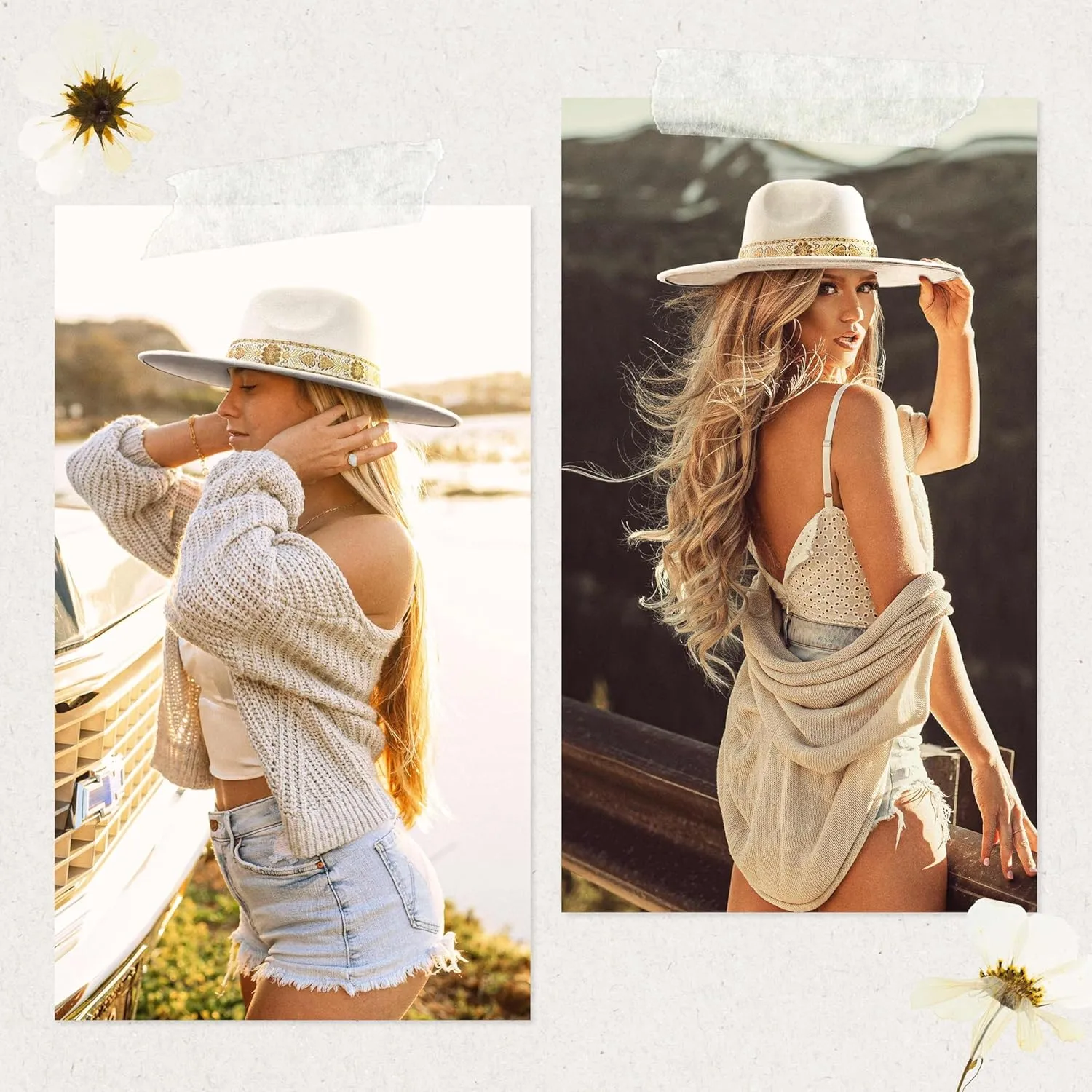 Big Wide Brim Boho Western Hat for Women and Men - Felt Rancher Fedora Hat with 4 inches Flat Brim