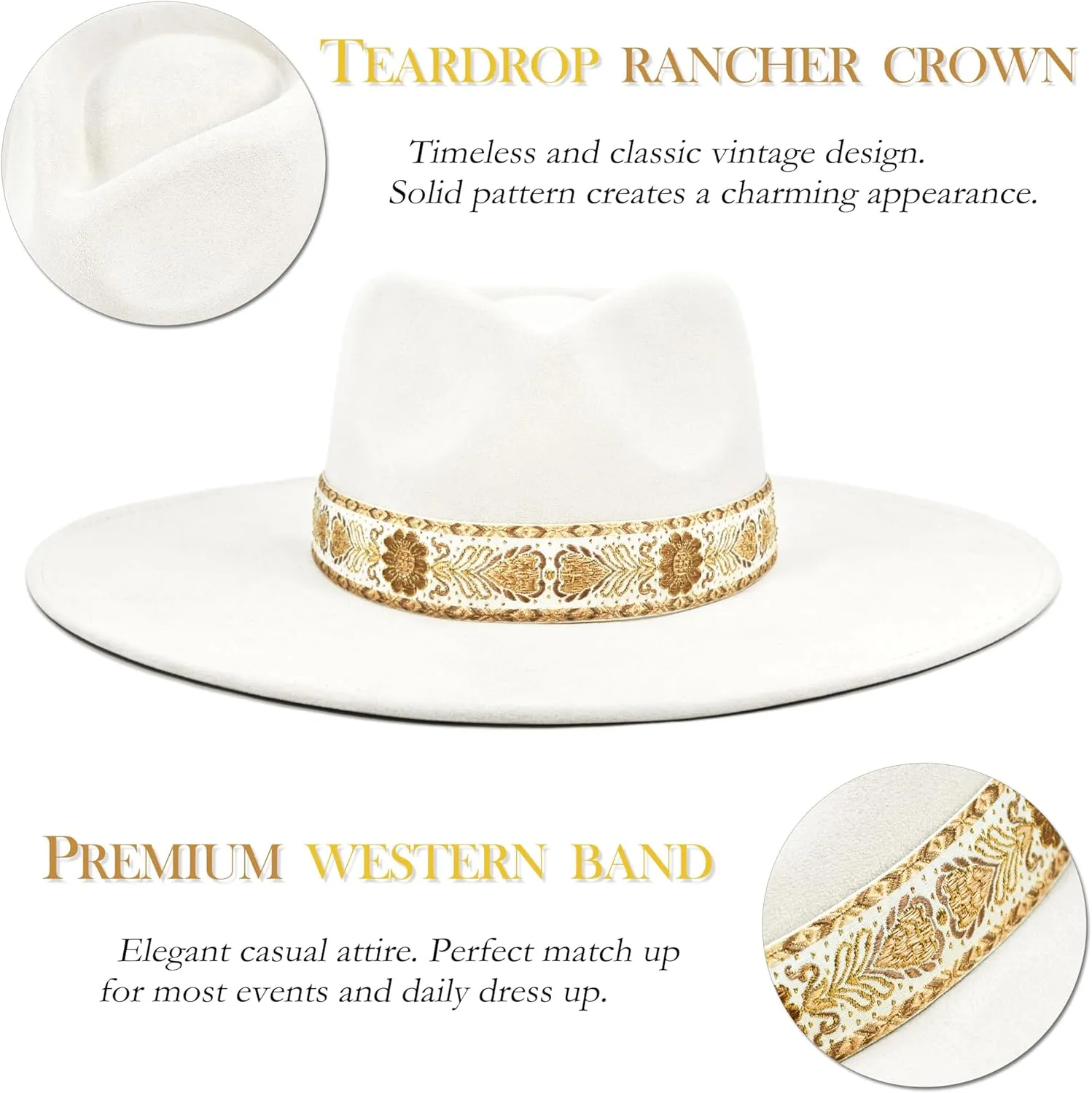 Big Wide Brim Boho Western Hat for Women and Men - Felt Rancher Fedora Hat with 4 inches Flat Brim