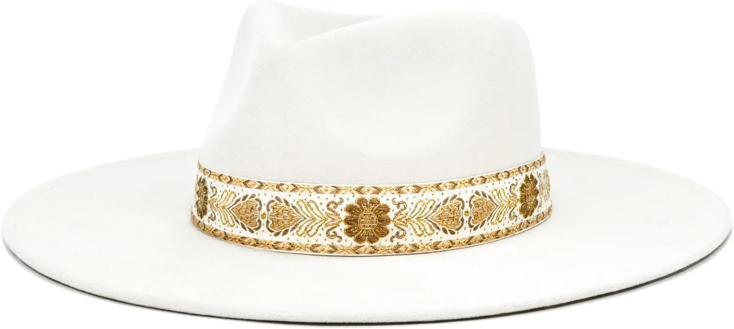 Big Wide Brim Boho Western Hat for Women and Men - Felt Rancher Fedora Hat with 4 inches Flat Brim