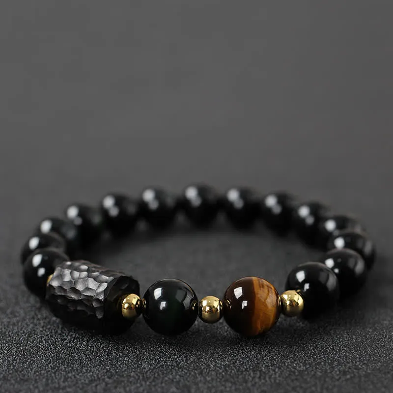 Black Obsidian Ebony Wood Red Tiger Eye Strength Couple Bracelet