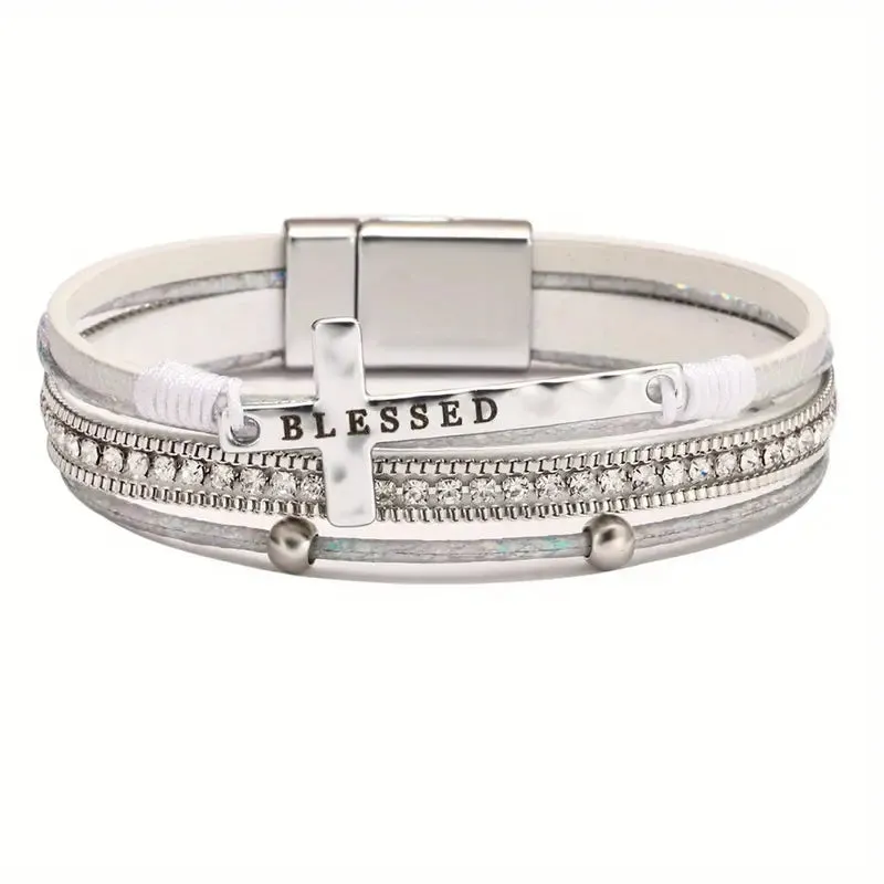 Blessed With Cross Leatherette Magnetic Bracelet With Cross (White & Silver)