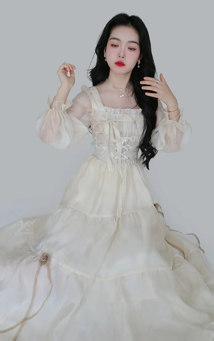 Blue Angel Elegant Delicate Rose Princess Embroidery Jacquard Satin Soft Yellow Cream Dress