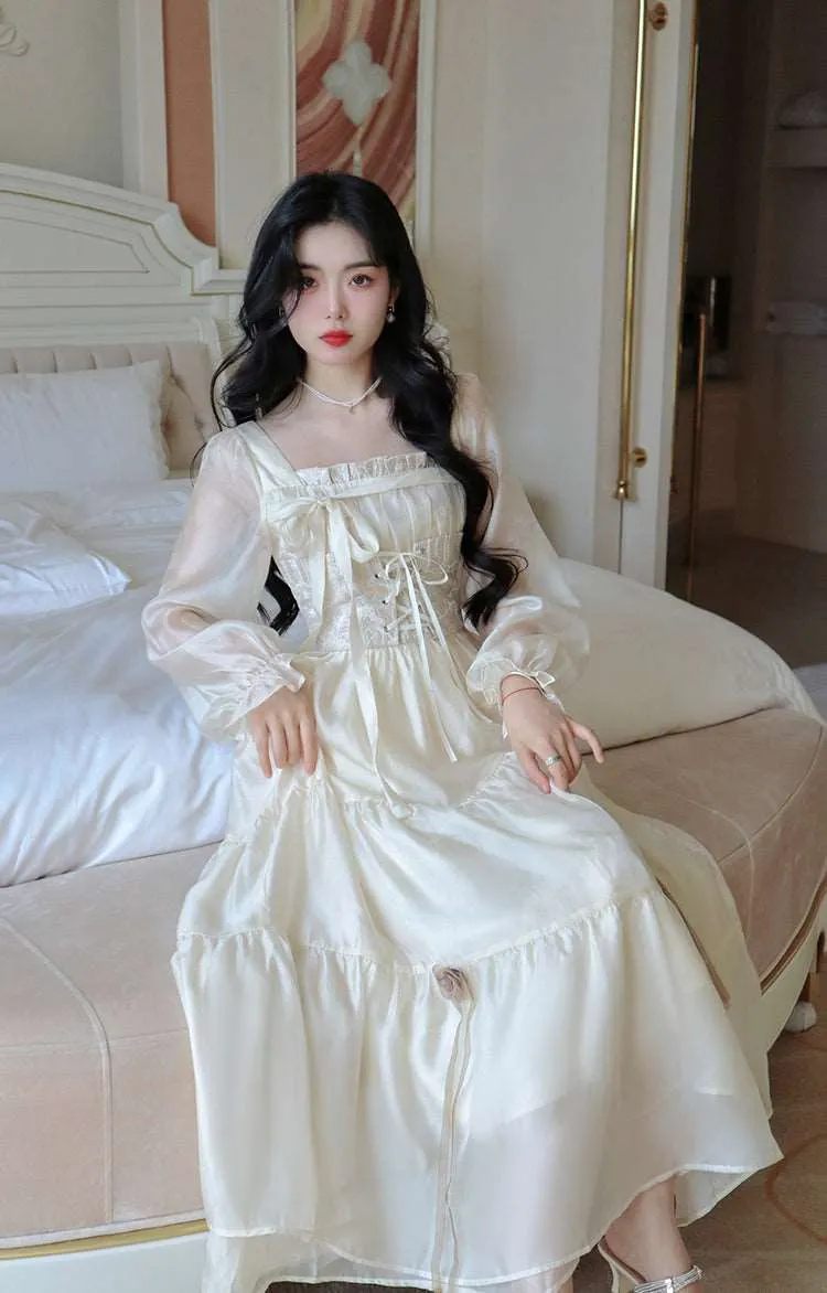 Blue Angel Elegant Delicate Rose Princess Embroidery Jacquard Satin Soft Yellow Cream Dress