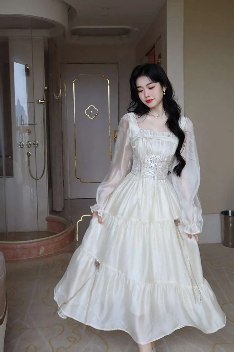 Blue Angel Elegant Delicate Rose Princess Embroidery Jacquard Satin Soft Yellow Cream Dress