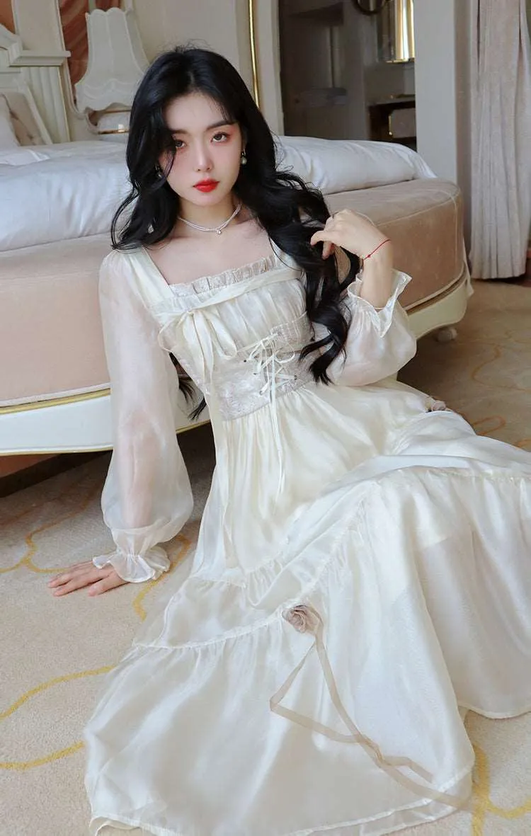 Blue Angel Elegant Delicate Rose Princess Embroidery Jacquard Satin Soft Yellow Cream Dress