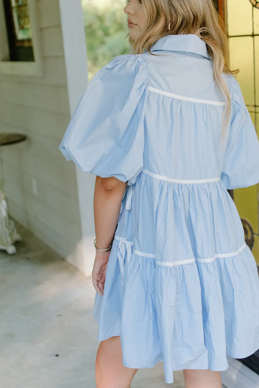 Blue Bow Detail Tiered Poplin Dress
