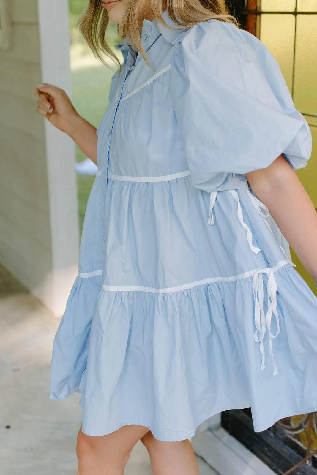 Blue Bow Detail Tiered Poplin Dress