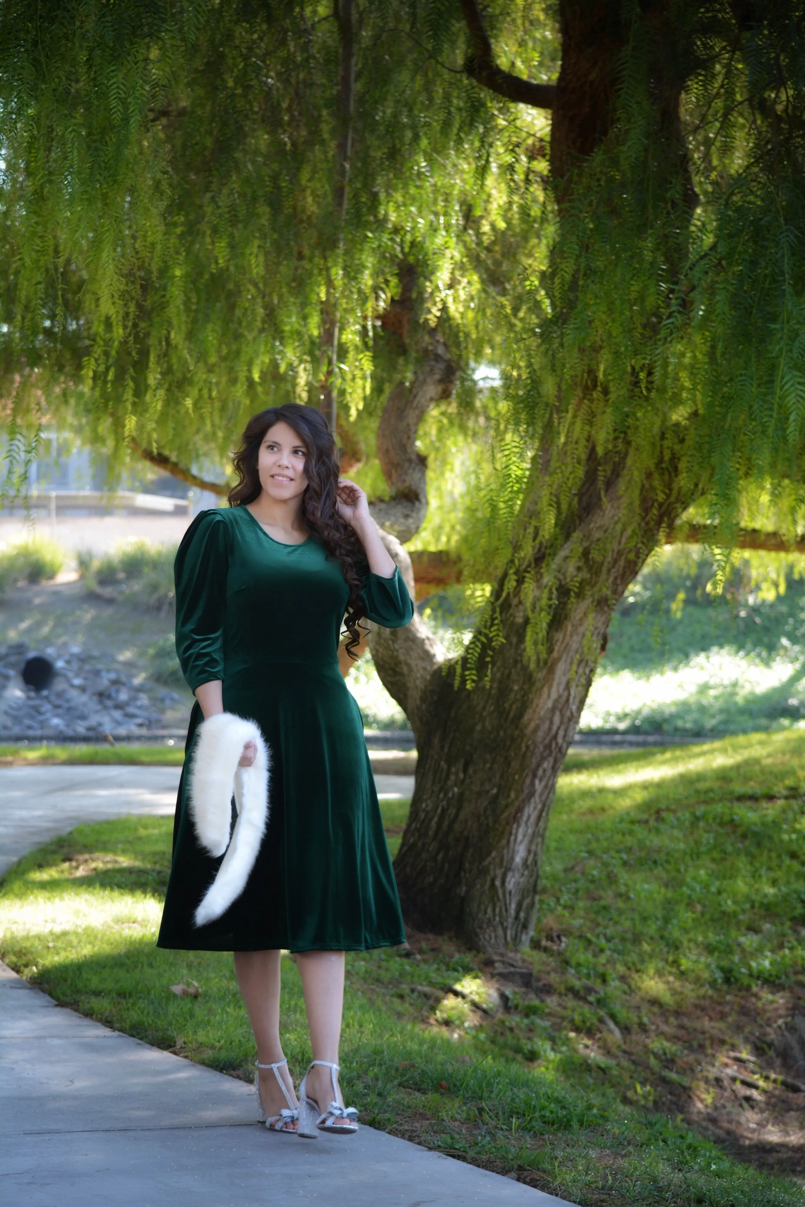 Capri Emerald Velvet Puff Sleeve Dress