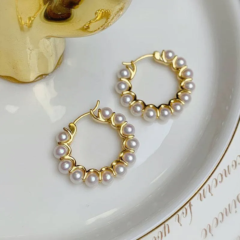 Circle Pearl Hoop Earrings Gold Vermeil