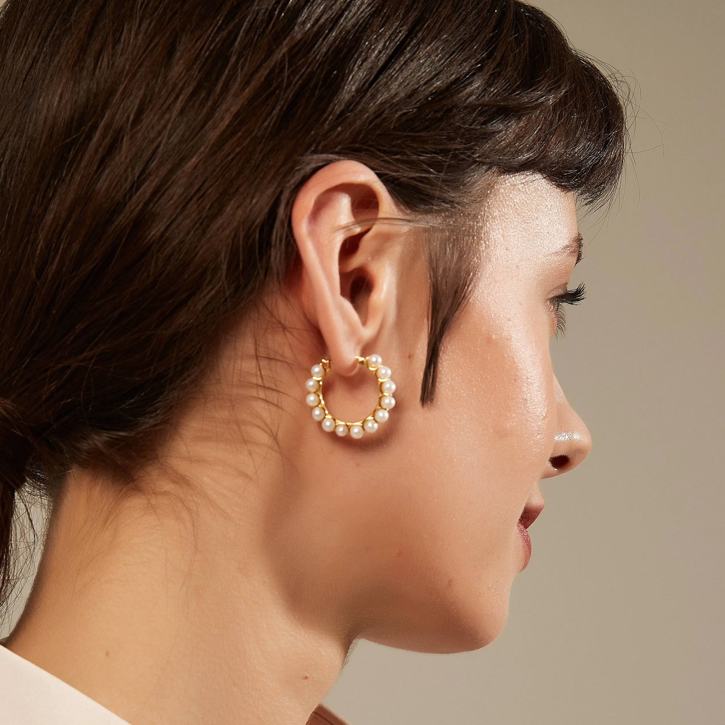 Circle Pearl Hoop Earrings Gold Vermeil