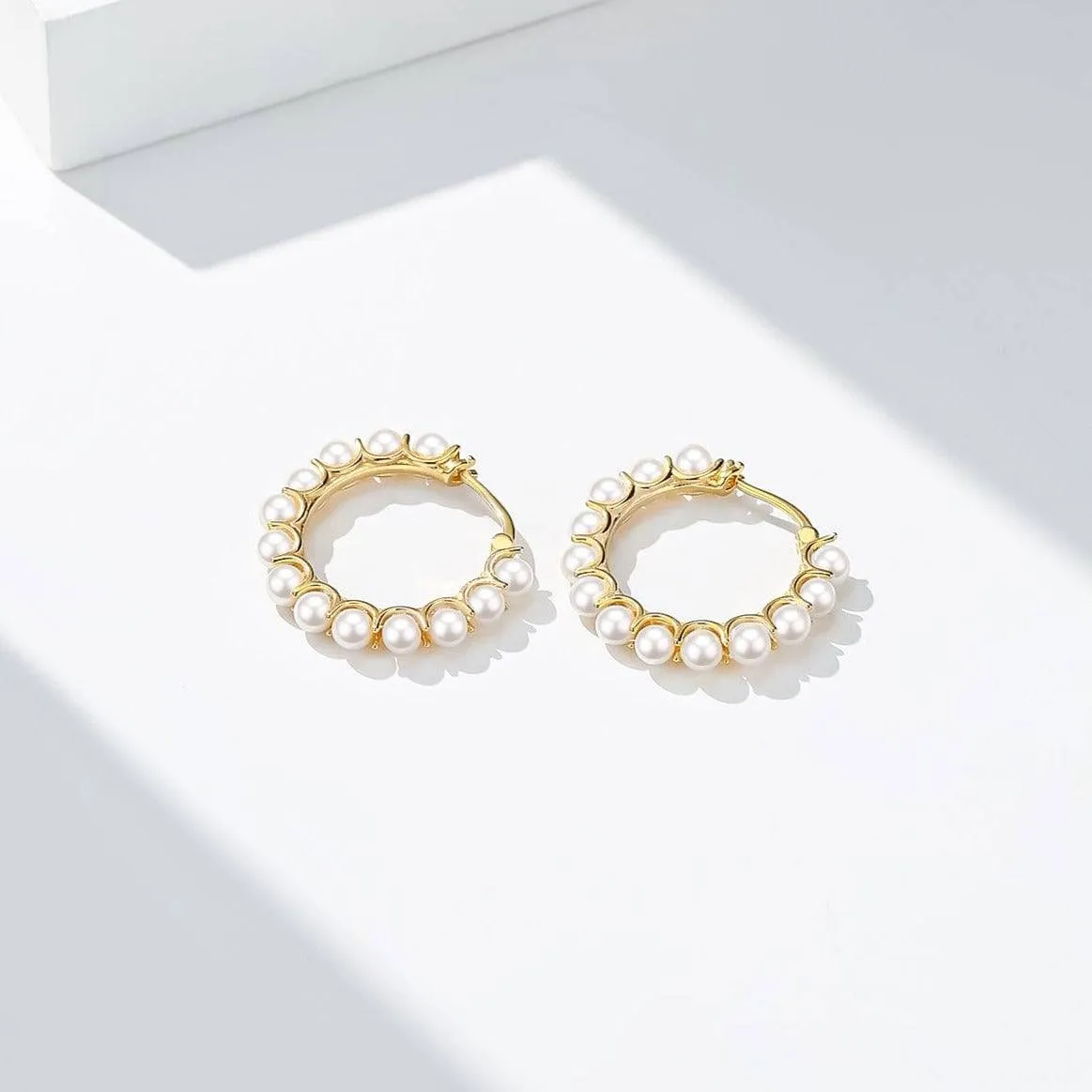 Circle Pearl Hoop Earrings Gold Vermeil