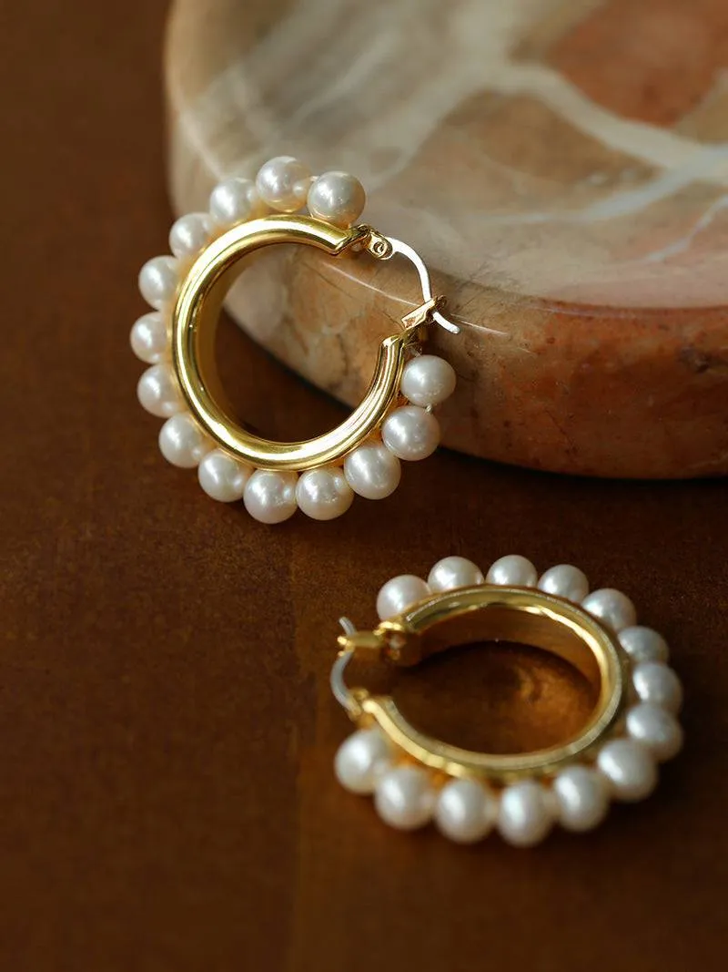 Circle Pearl Hoop Earrings Gold Vermeil