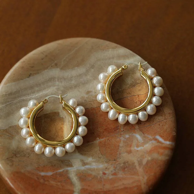 Circle Pearl Hoop Earrings Gold Vermeil