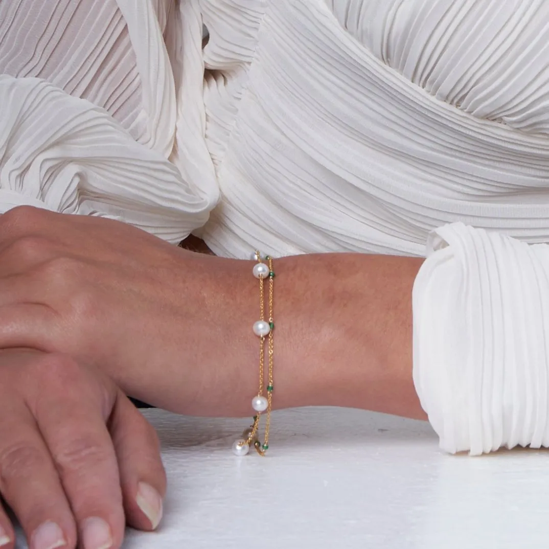 Credo fine double chain bracelet with cultured freshwater pearls & emerald