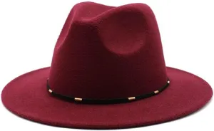 DHAEY Autumn and Winter Woolen British Jazz Hat, European and American Flat Brim Top Hat Four Seasons Versatile Felt Hat Luopan Caps & Hats (Color : Claret, Size : Large(59-61cm))