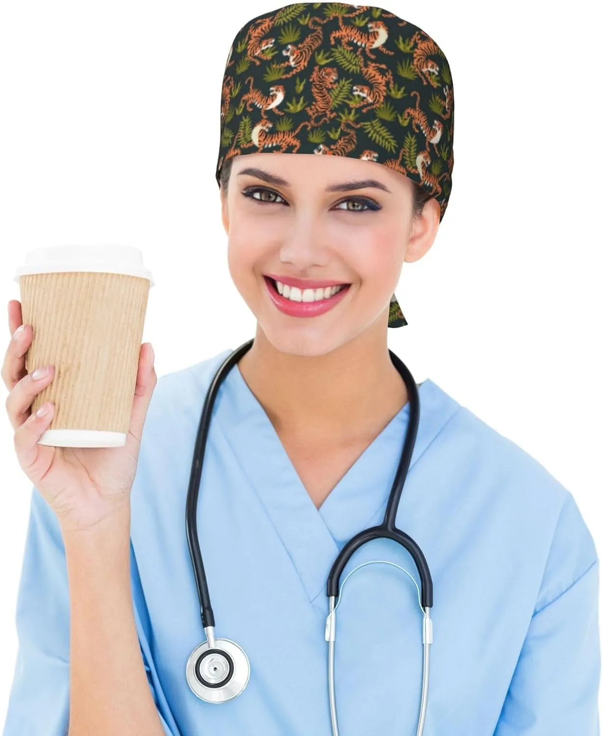 Doodle Beer Oktoberfest Scrub Caps Adjustable Working Cap with Sweatband Elastic Tie Back Hats for Women Men
