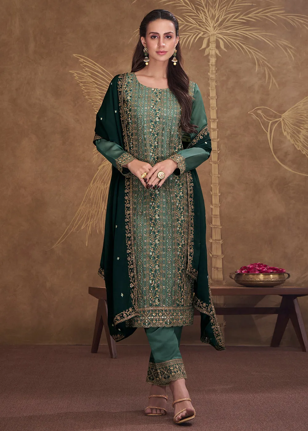 Dreamy Dark Green Embroidered Art Silk Festive Pant Style Suit