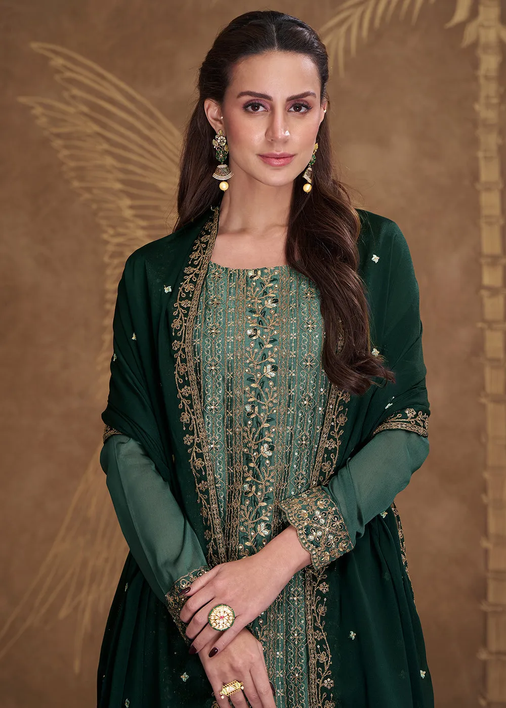 Dreamy Dark Green Embroidered Art Silk Festive Pant Style Suit