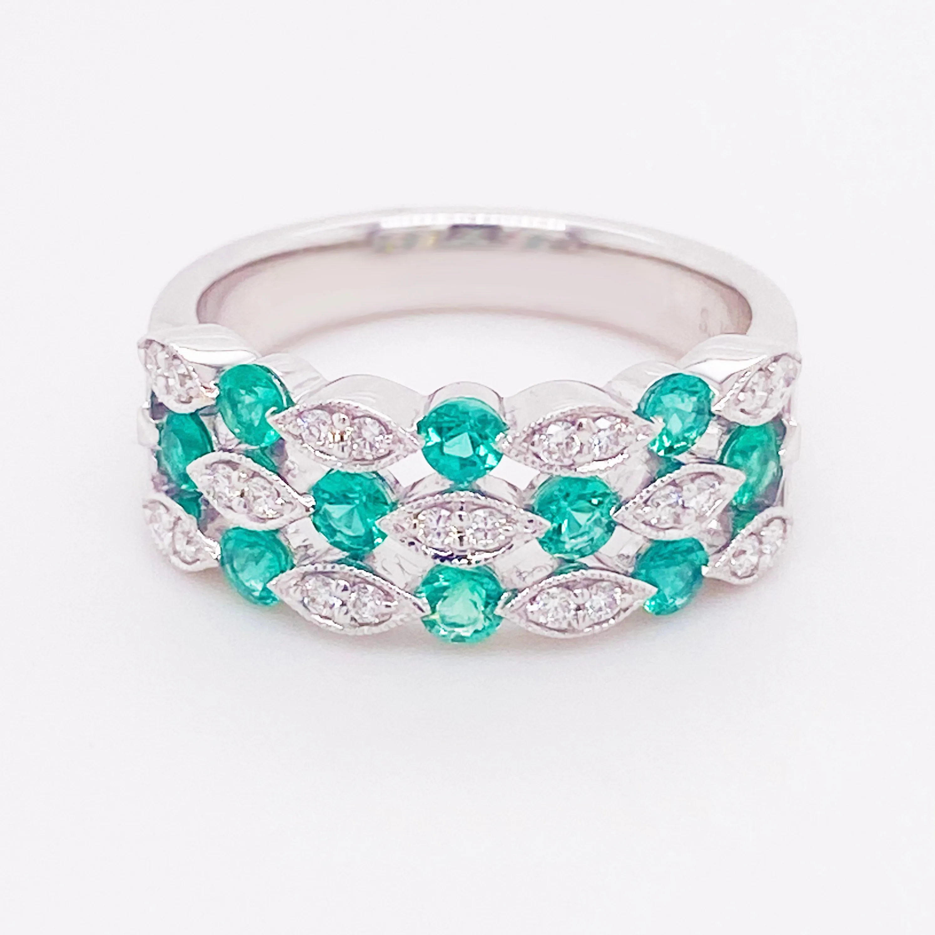 Emerald & Diamond Three Band Ring