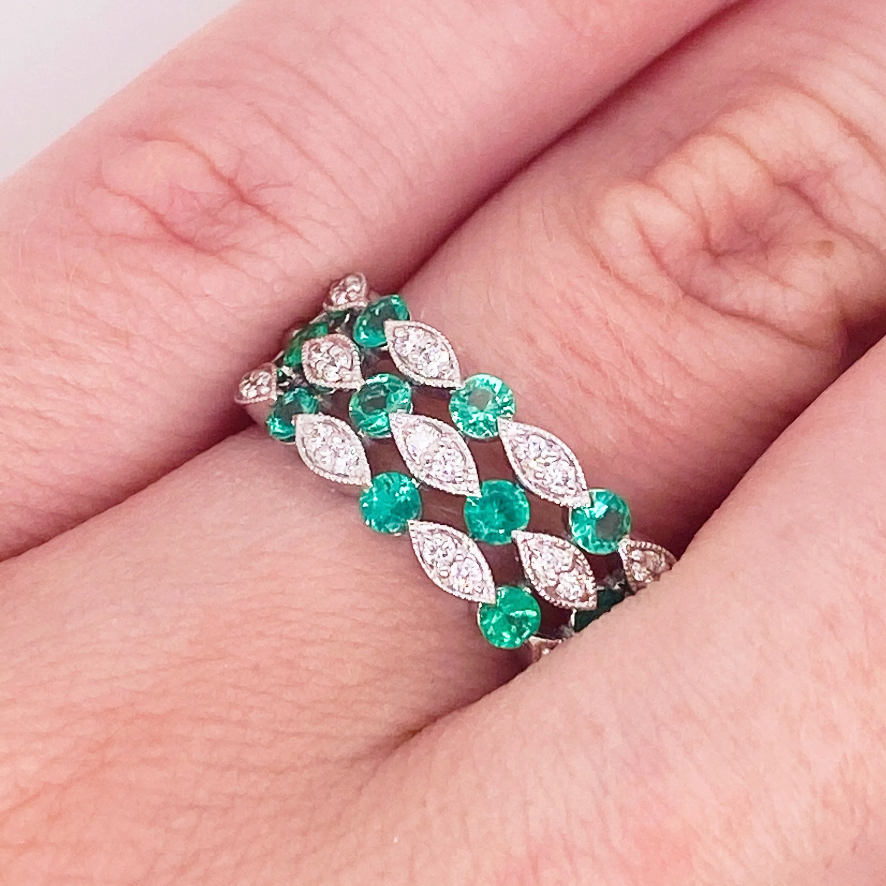 Emerald & Diamond Three Band Ring