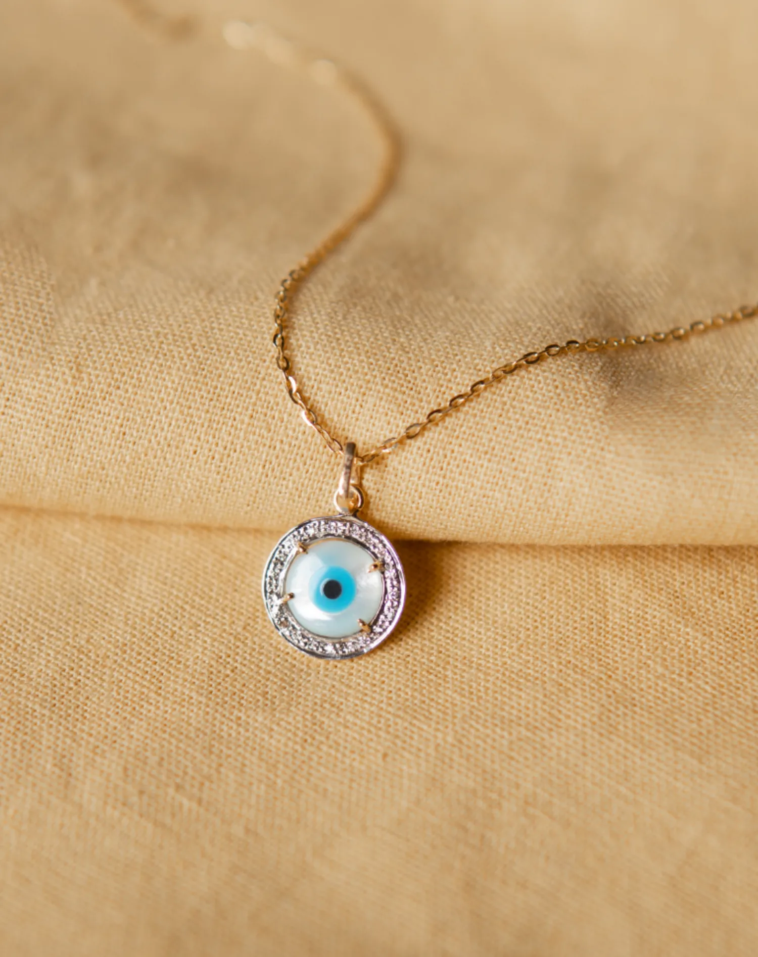 Evil Eye Charm Pendant - Round with Diamonds