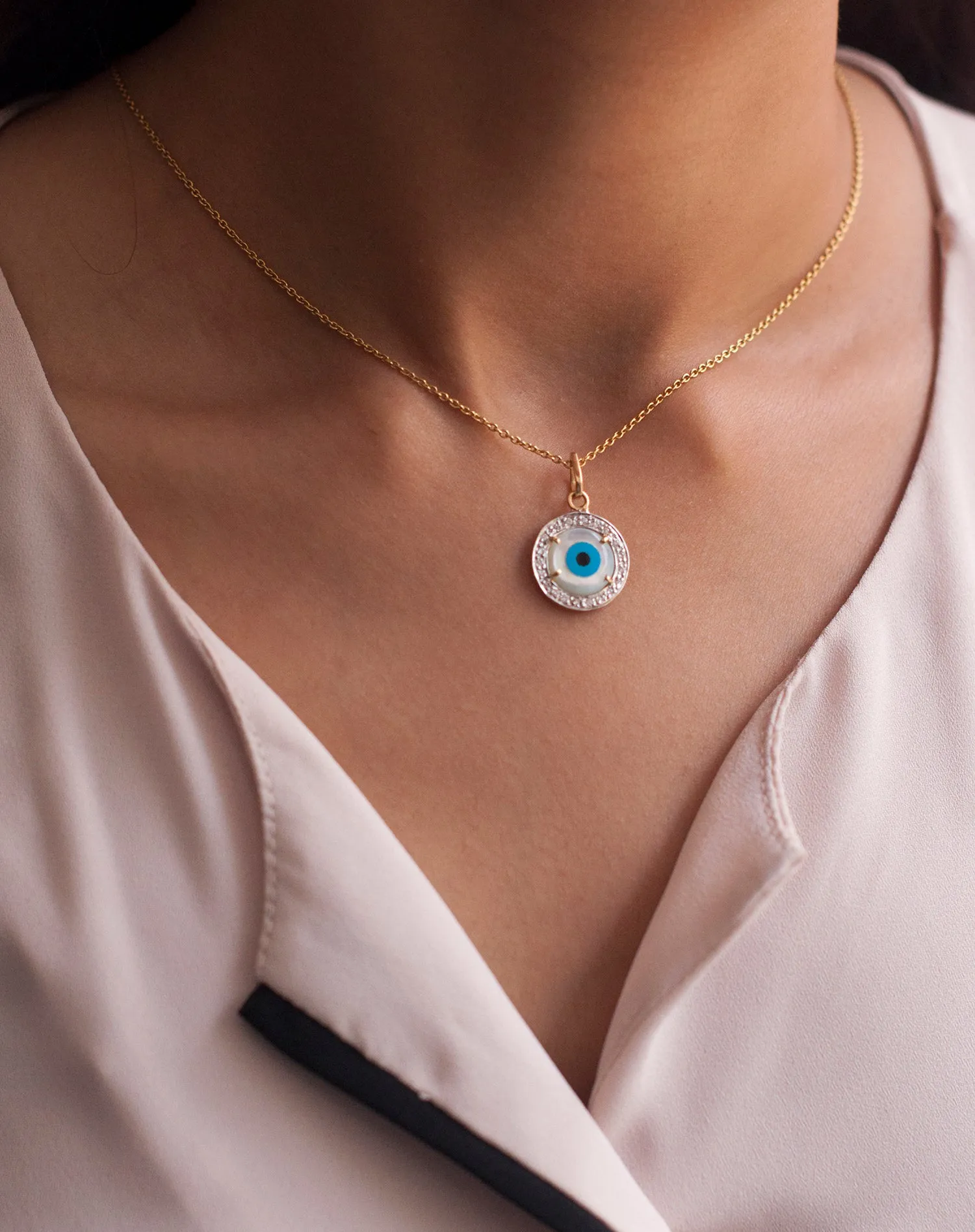 Evil Eye Charm Pendant - Round with Diamonds