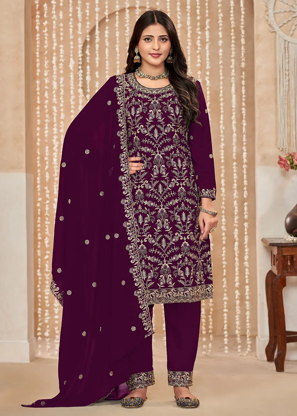 Festive Style Purple Zari Embroidered Salwar Suit