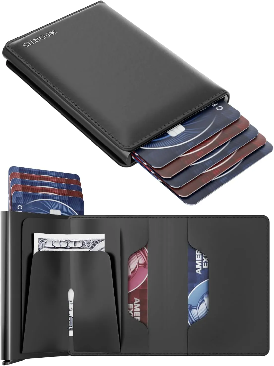 FORTIS Cheap EDC Pop Up Wallet for Men, Cardholder for up to 8 Cards, RFID Protected Card Holder, Minimalist Wallet for Men, Fits Front or Back Pocket (Black)