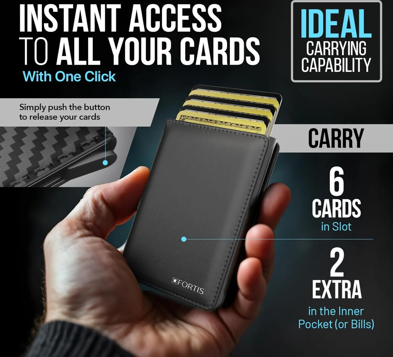 FORTIS Cheap EDC Pop Up Wallet for Men, Cardholder for up to 8 Cards, RFID Protected Card Holder, Minimalist Wallet for Men, Fits Front or Back Pocket (Black)