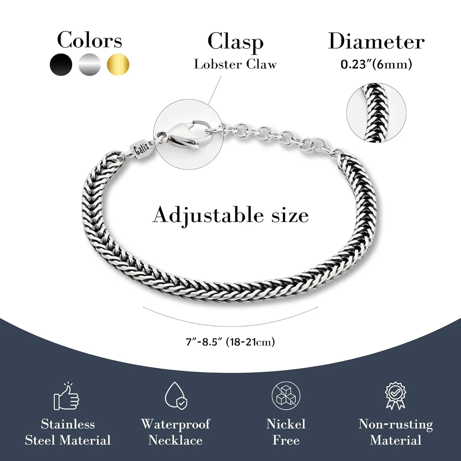Galis Chain Bracelets For Men - Father's Day Gift - Premium Stainless Steel Mens Bracelet, Silver Plated Non Tarnish Bracelet - This Snake Chain, Stylish Gifts For Him 7"