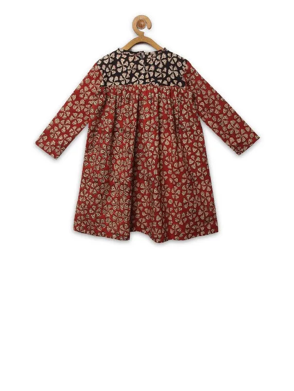 Girls Red Floral Hand Block Printed A Line Cotton Dress