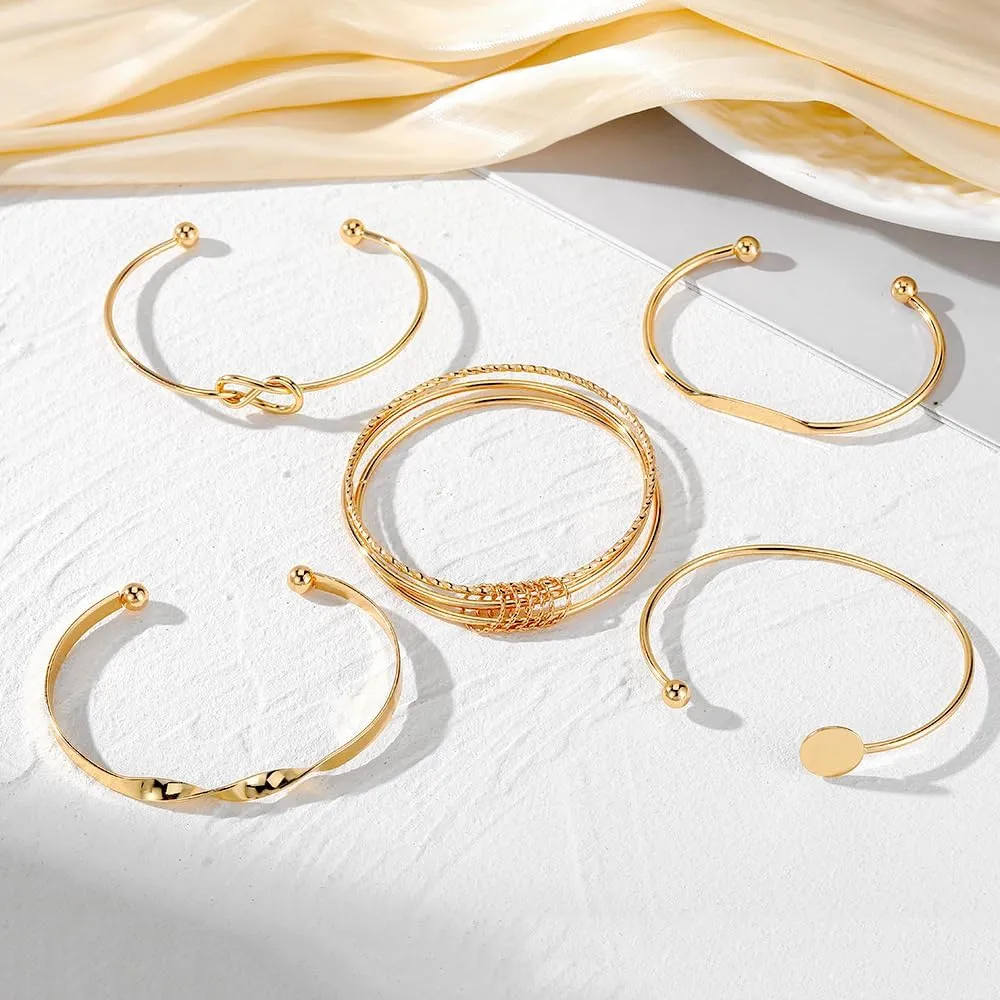 Gold Bangle Bracelets Set for Women, 14k Gold Plated Multi Layer Stackable Cuff Bracelets, Personalized Boho Non Tarnish Adjustable Bangle Jewelry Gift for Her