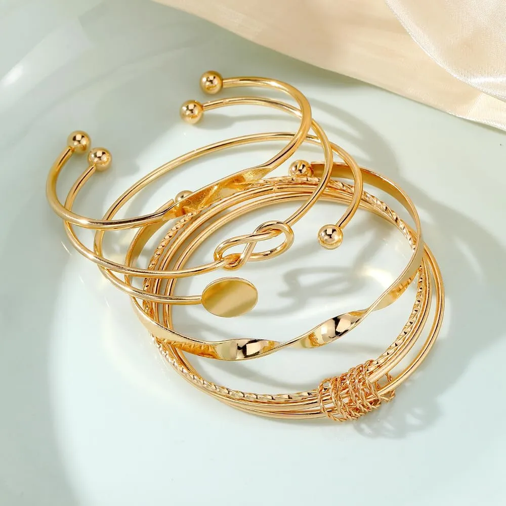 Gold Bangle Bracelets Set for Women, 14k Gold Plated Multi Layer Stackable Cuff Bracelets, Personalized Boho Non Tarnish Adjustable Bangle Jewelry Gift for Her