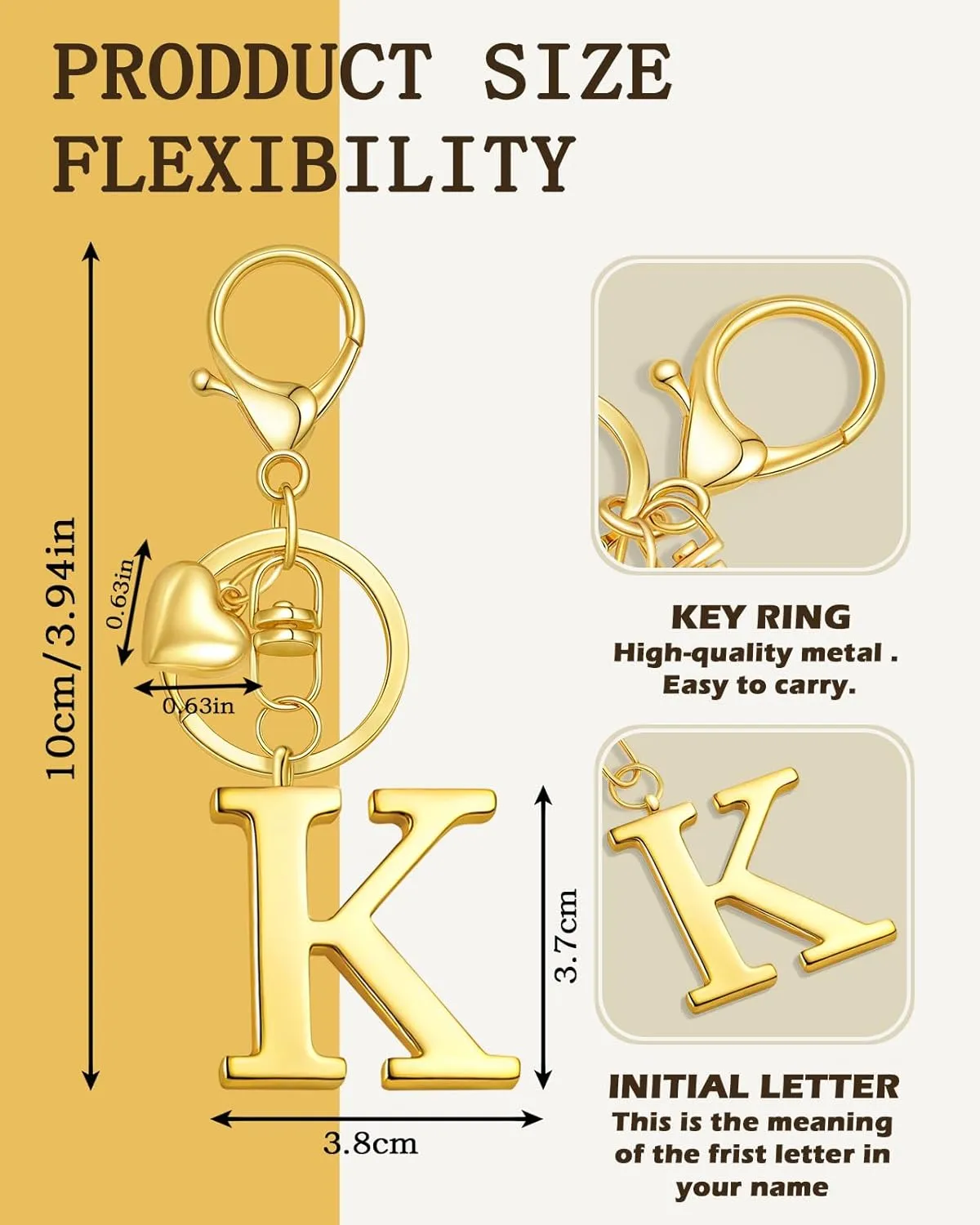 Gold Heart Initial Letter Keychain Gift for Women Bag Charm Purse Charms for Handbags Accessories Metal Alphabet A-Z
