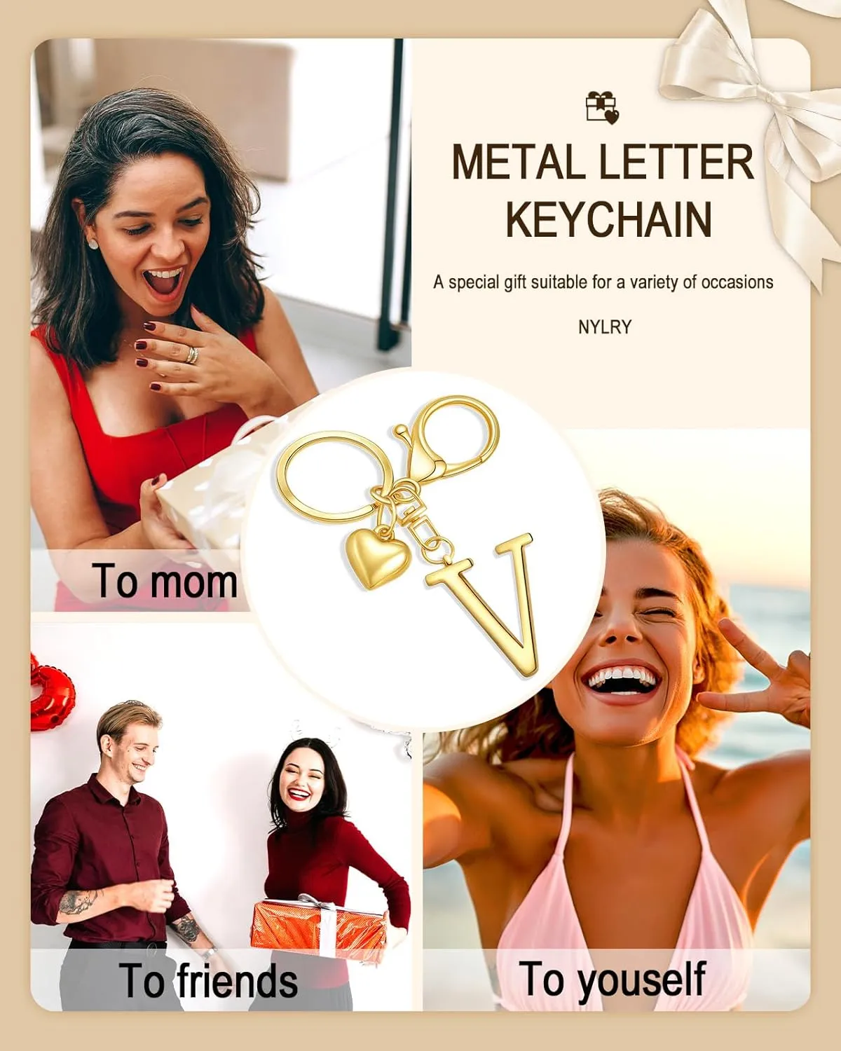 Gold Heart Initial Letter Keychain Gift for Women Bag Charm Purse Charms for Handbags Accessories Metal Alphabet A-Z